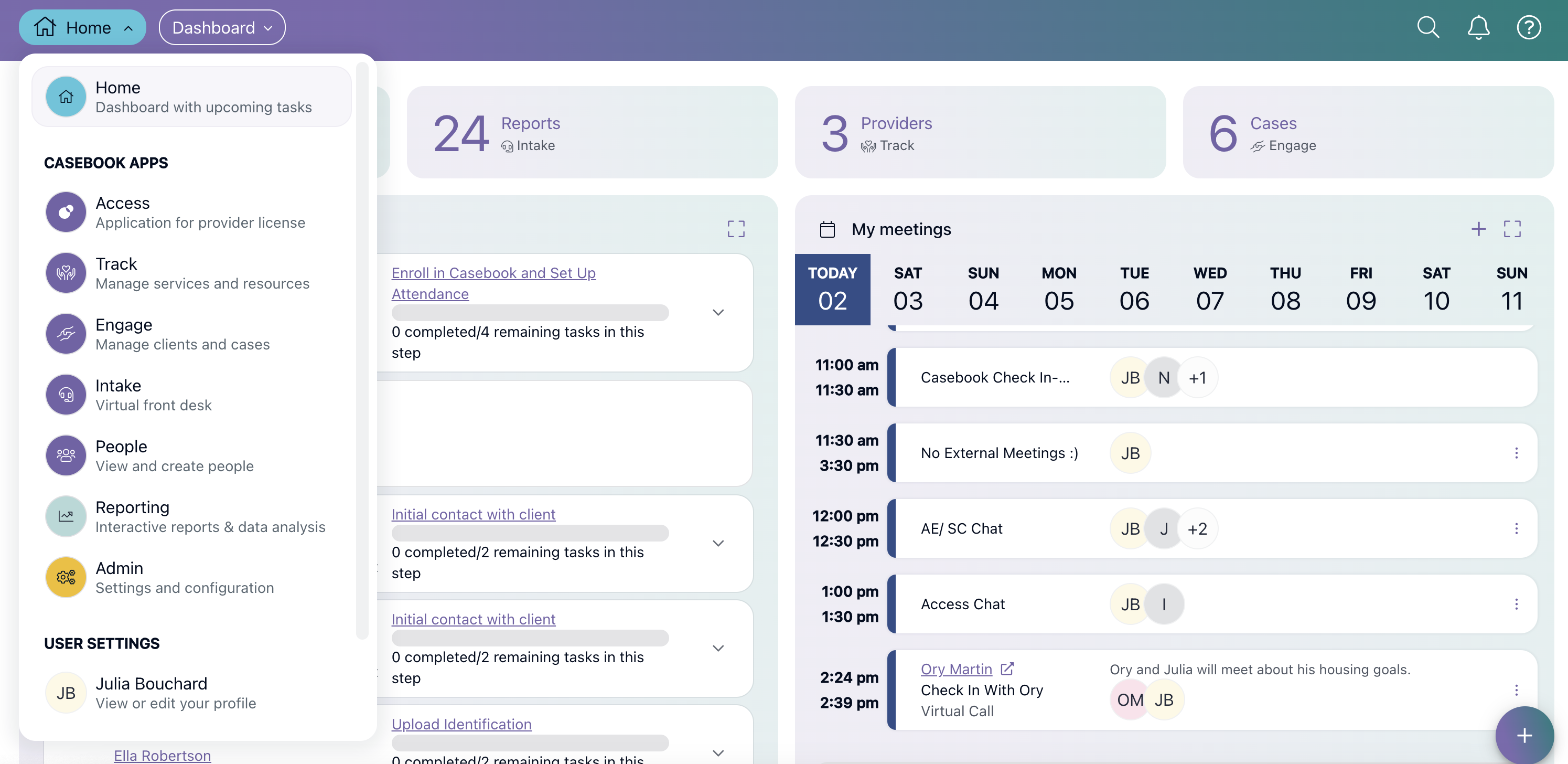 casebook human services software dashboard with expanded option menu